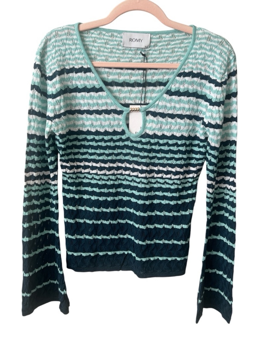 Romy Havana Ombre Crochet Knit Top Green Stripe Keyhole Medium NWT
